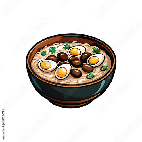 Create a realistic vector illustration of a steaming bowl of congee, showcasing its smooth texture and subtle color variations. Include a single garnish (1).