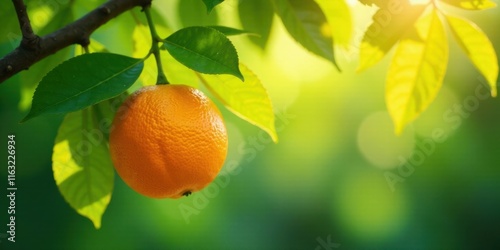 A single ripe orange hanging from a tree branch, bathed in sunlight
