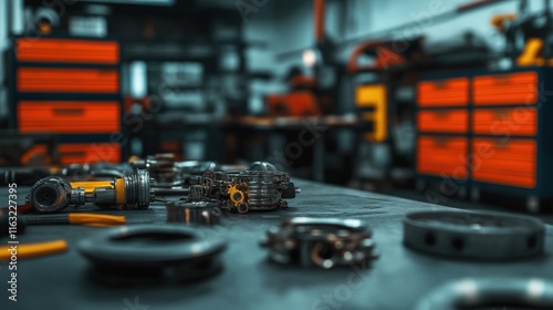 Industrial workshop scene shows car parts for racing. Metal components, tools on table. Manufacturing tech evident. High-performance aftermarket racing parts visible. Workshop shows tech, quality photo