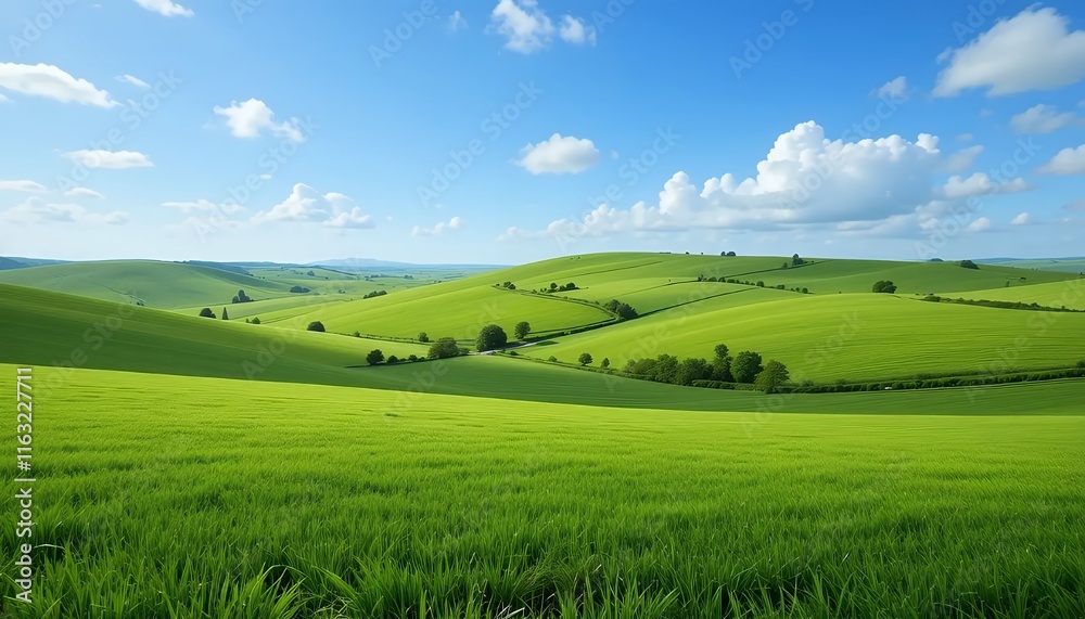 Lush Green Fields Rolling Hills Under a Sunny Sky Lush Green Fields Rolling Hills Under a Sunny Sky