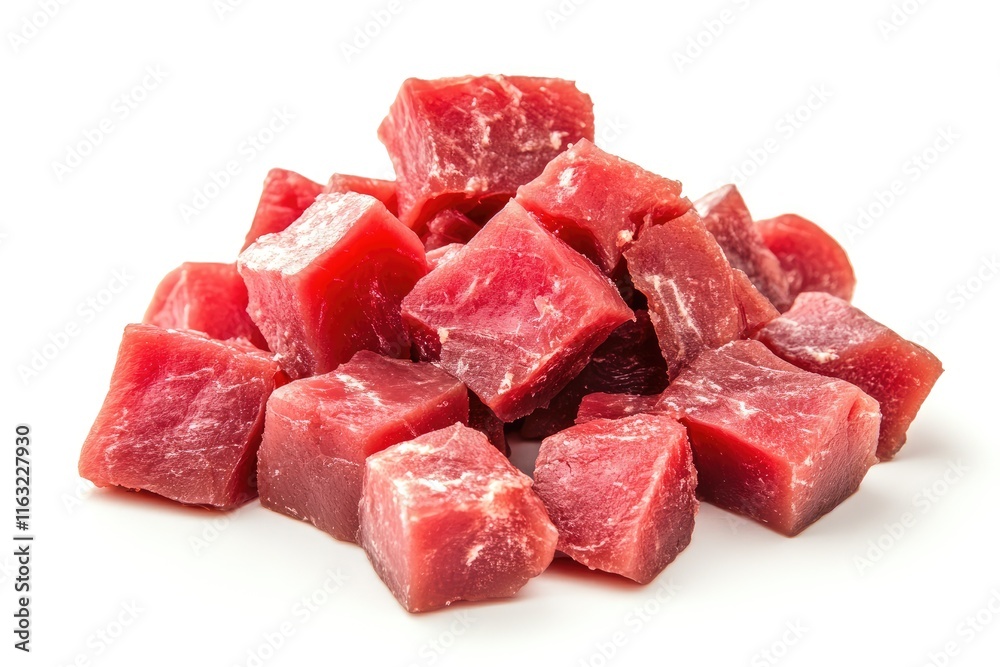 A pile of fresh raw cubed beef A pile of fresh raw cubed beef