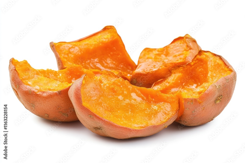 Baked sweet potatoes pieces isolated on white background Baked sweet potatoes pieces isolated on white background