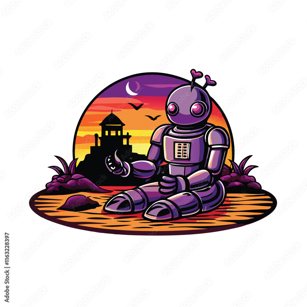 Fototapeta premium A friendly robot sits on a sunny beach meticulously building an elaborate sandcastle, showcasing its dexterity and gentle nature.