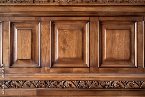Close up of a beautiful, rich mahogany wood paneling with ornate carvings.