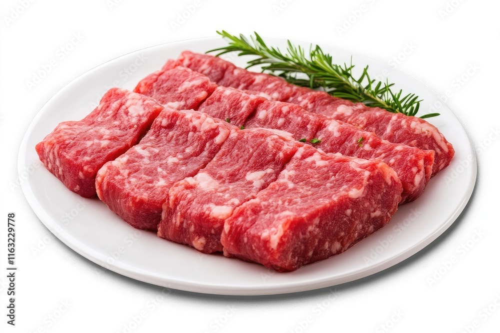 Raw beef steaks arranged on a white plate with rosemary Raw beef steaks arranged on a white plate with rosemary