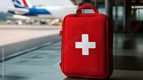 Red first-aid kit at airport terminal.