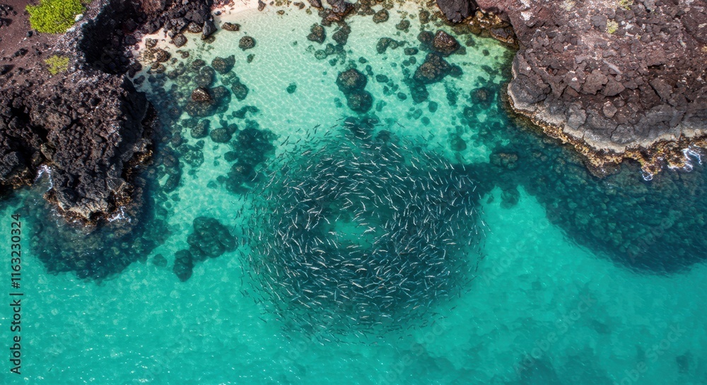 Fototapeta premium Aerial view of fish swarm in crystal clear waters near rocky coastline