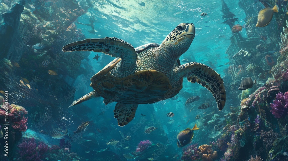 Fototapeta premium An underwater shot of a sea turtle interacting with a vibrant school of fish, showcasing the harmony of marine life and the beauty of ocean ecosystems.