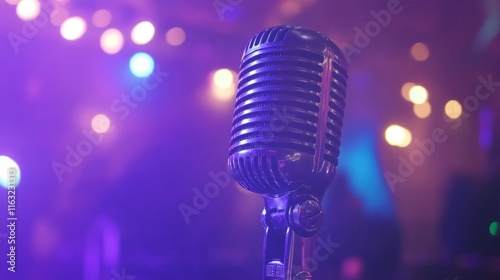 A classic vintage microphone with chrome detailing, positioned on a stage with blurred colorful lights in the background, creating a concert vibe.