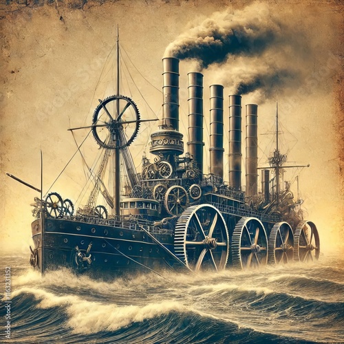 Steam Powered Ship Nautical vessel with smokestacks and gears photo