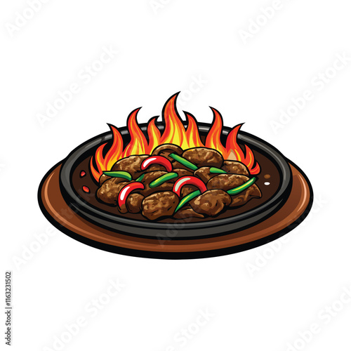 Create a vibrant vector illustration of a hot plate steaming with sizzling meat, showcasing juicy texture and appetizing sizzle.