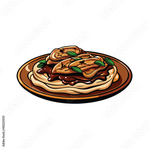 Create a vibrant vector illustration of Moo Shu Pork served on a plate, showcasing its colorful ingredients and appealing texture.  Include details like pancakes and sauce.