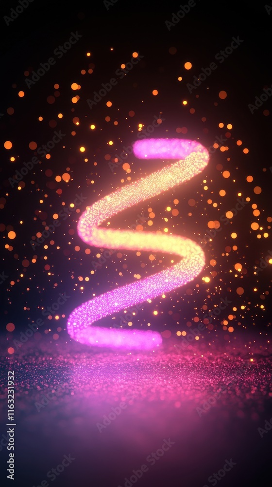 Obraz premium A futuristic abstract design of intersecting neon trails glowing in vibrant hues of cyan, magenta, and yellow, surrounded by faint glitter particles on a sleek black background for a high-tech 