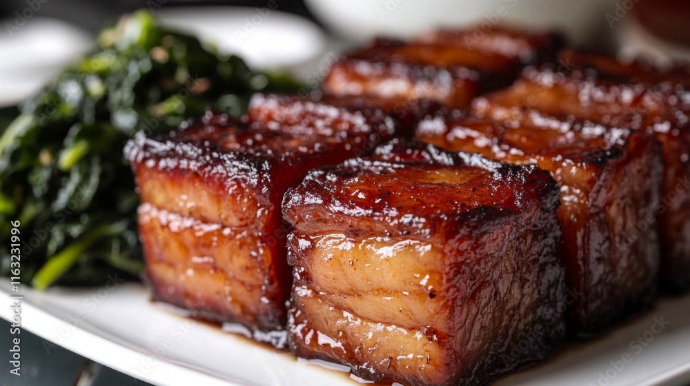 A close-up of succulent pork belly with crispy skin, sliced into thick pieces and served on a clean white plate, with a side of fresh greens. A close-up of succulent pork belly with crispy skin, sliced into thick pieces and served on a clean white plate, with a side of fresh greens.