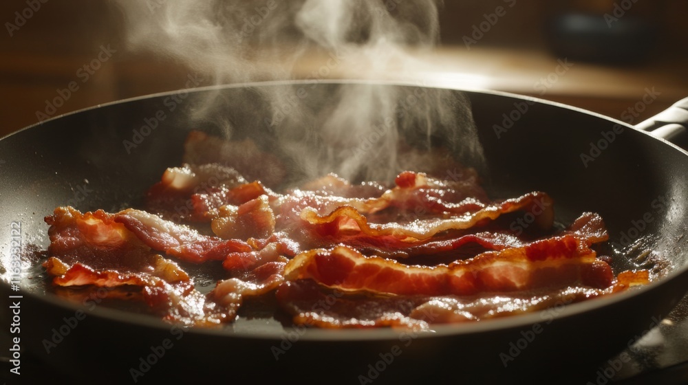 A close-up shot of bacon sizzling in a frying pan, with steam rising and a soft focus on the background, evoking a sense of comfort and warmth. A close-up shot of bacon sizzling in a frying pan, with steam rising and a soft focus on the background, evoking a sense of comfort and warmth.
