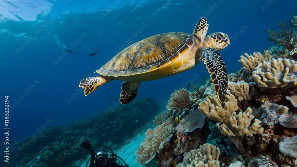 Tranquil Meeting: A Loggerhead Turtle and Diver Beneath the Waves Tranquil Meeting: A Loggerhead Turtle and Diver Beneath the Waves