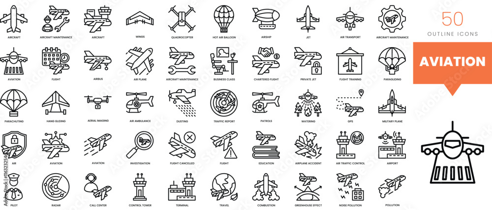 Obraz premium Set of minimalist linear aviation icons. Vector illustration