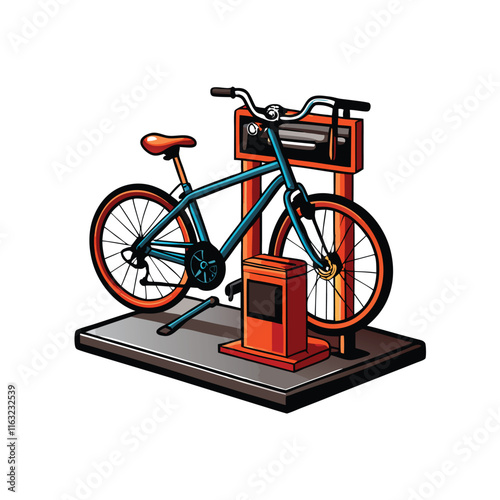 Create a detailed vector illustration of a modern bicycle repair station, showcasing tools, racks, and a clean, organized workspace.