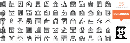 Set of minimalist linear buildings icons. Vector illustration