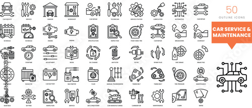 Set of minimalist linear car service and maintenance icons. Vector illustration