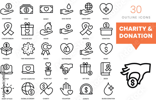 Set of minimalist linear charity and donation icons. Vector illustration