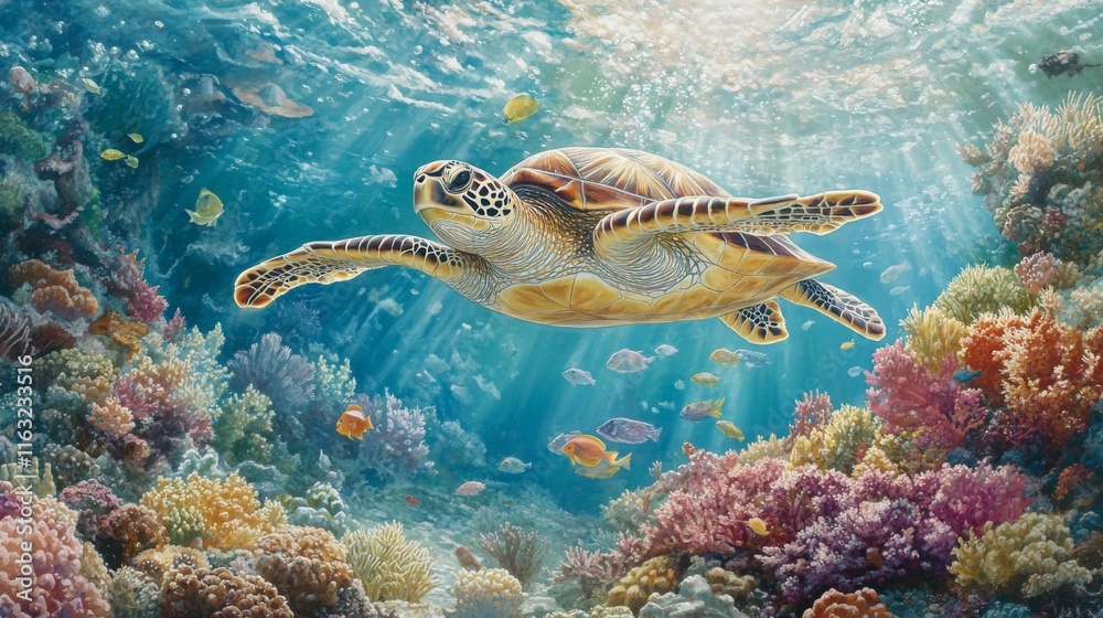 Naklejka premium A majestic sea turtle gliding gracefully through crystal-clear turquoise waters, surrounded by colorful coral reefs and schools of fish, showcasing underwater beauty.