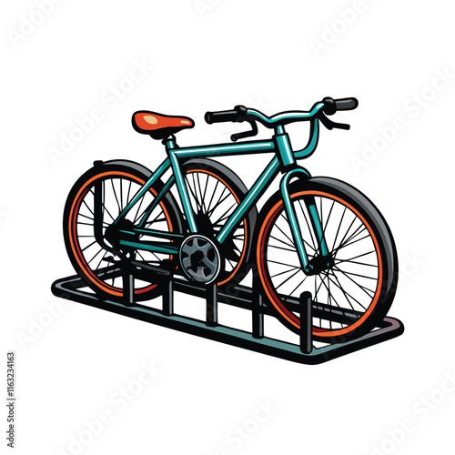 Create a clean, detailed vector illustration of a bicycle rack, showcasing various bike mounting styles.  Include different angles and perspectives.