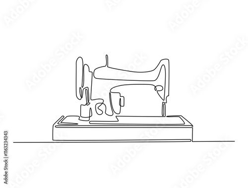 Continuous one line drawing of vintage sewing machine. Old mechanic sewing machine single line illustration. Editable vector.