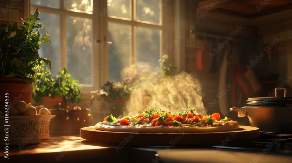 A sizzling hot pizza fresh out of the oven, topped with vibrant vegetables and melted cheese, placed on a wooden board with a hint of steam rising. A sizzling hot pizza fresh out of the oven, topped with vibrant vegetables and melted cheese, placed on a wooden board with a hint of steam rising.
