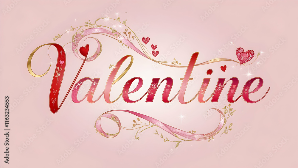 Elegant Valentine's Day greeting with ornate script and hearts.