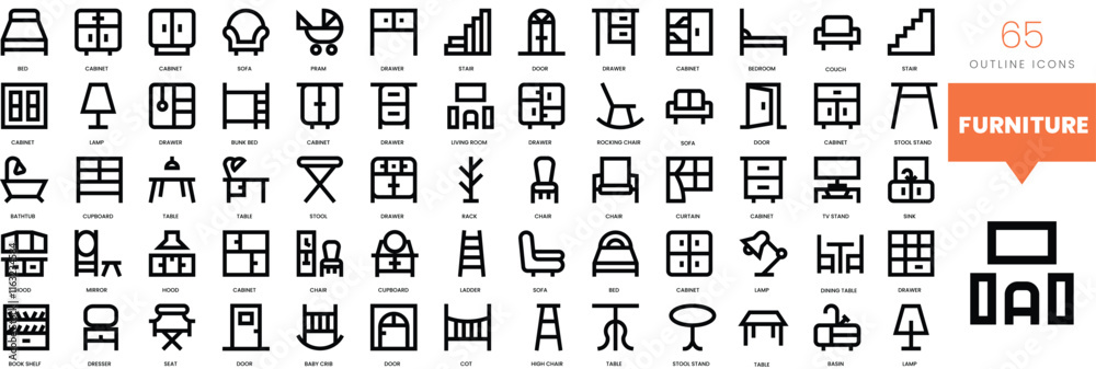Set of minimalist linear furniture icons. Vector illustration Set of minimalist linear furniture icons. Vector illustration