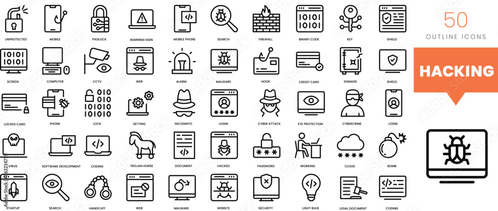 Set of minimalist linear hacking icons. Vector illustration