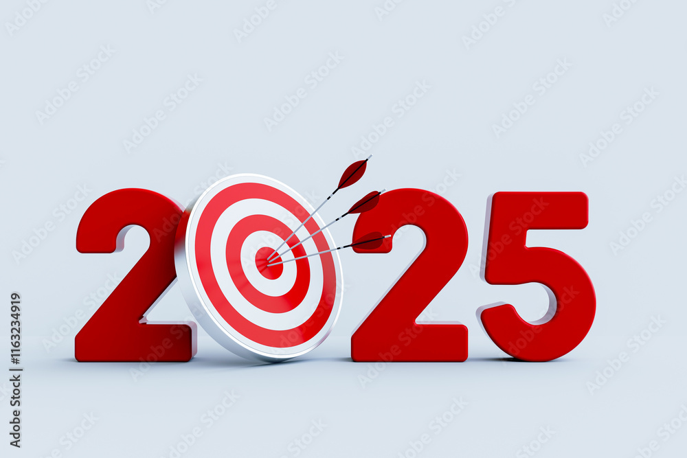 New Year 2025 and Archery target and arrow. 3d Rendering. New Year 2025 and Archery target and arrow. 3d Rendering.