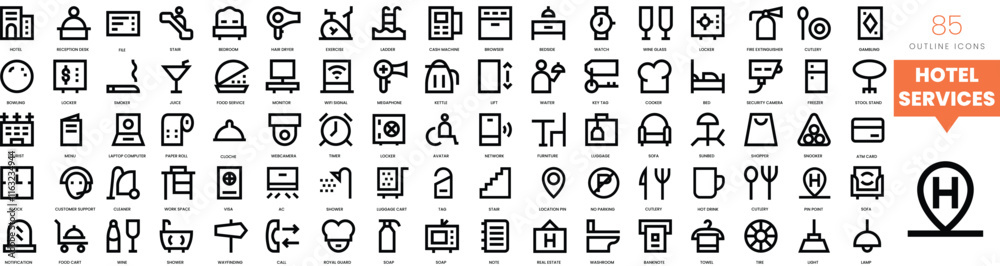 Set of minimalist linear hotel services icons. Vector illustration Set of minimalist linear hotel services icons. Vector illustration
