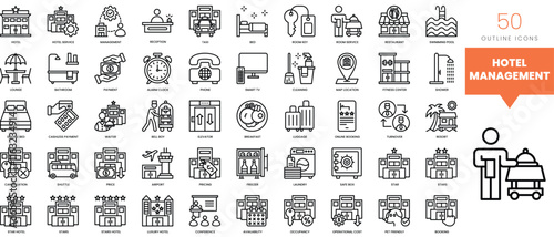 Set of minimalist linear hotel management icons. Vector illustration