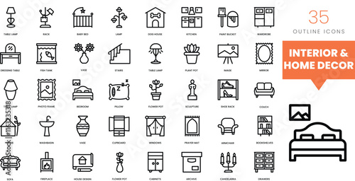 Set of minimalist linear interior and homedecor icons. Vector illustration