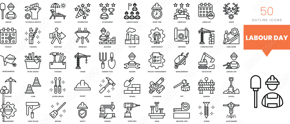 Set of minimalist linear labour day icons. Vector illustration Set of minimalist linear labour day icons. Vector illustration