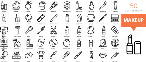 Set of minimalist linear makeup and cosmetics icons. Vector illustration
