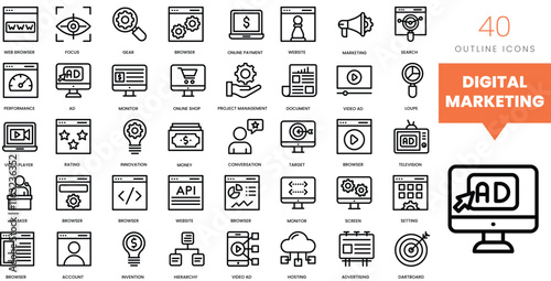 Set of minimalist linear web app and digital marketing icons. Vector illustration
