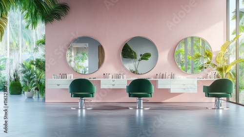 Luxury pink beauty treatment salon interior with big mirror, AI generated image