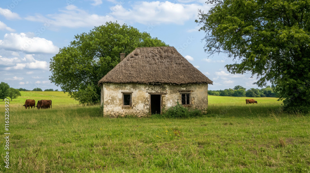 Old Weathered Farmhouse with Thatched Roof Surrounded by Green Pastures Old Weathered Farmhouse with Thatched Roof Surrounded by Green Pastures