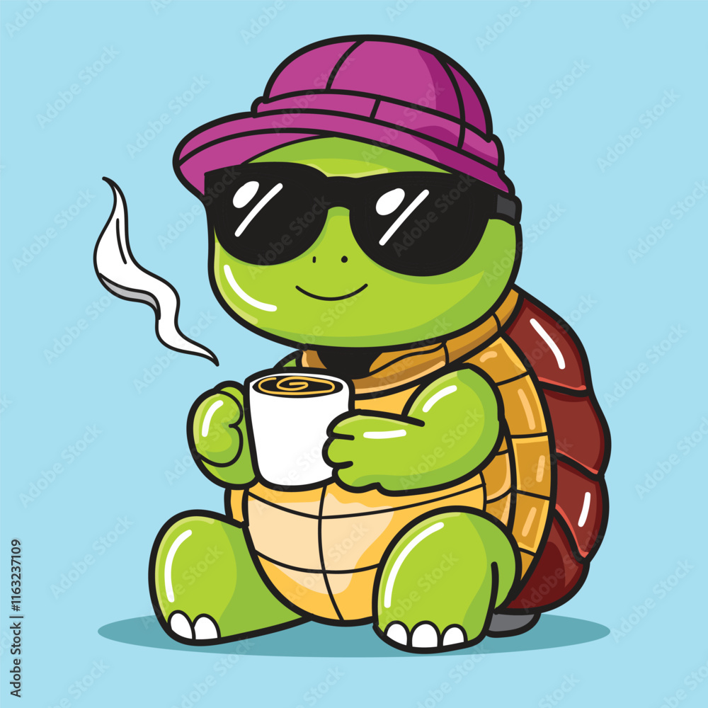 Obraz premium a Cute Turtle Enjoying Hot Coffee, the turtle wearing sunglasses and hat