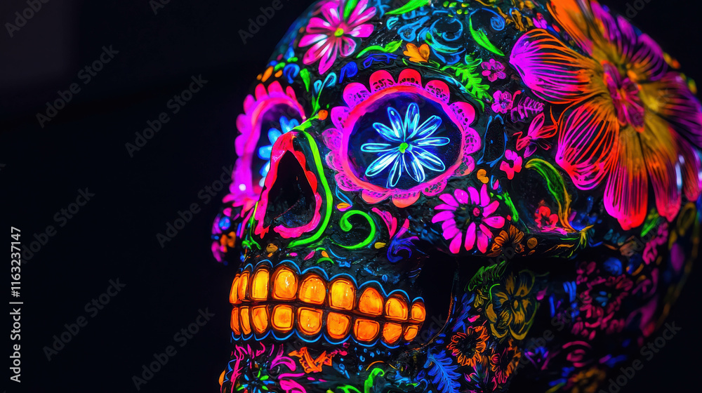 Fototapeta premium Ornate Sugar Skull with Glowing Neon Colors in Vivid Pinks and Oranges