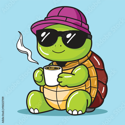 a Cute Turtle Enjoying Hot Coffee, the turtle wearing sunglasses and hat