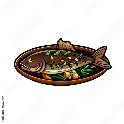 Create a vibrant vector illustration of steamed fish, delicately garnished with ginger slices, showcasing its juicy texture and appealing aroma.