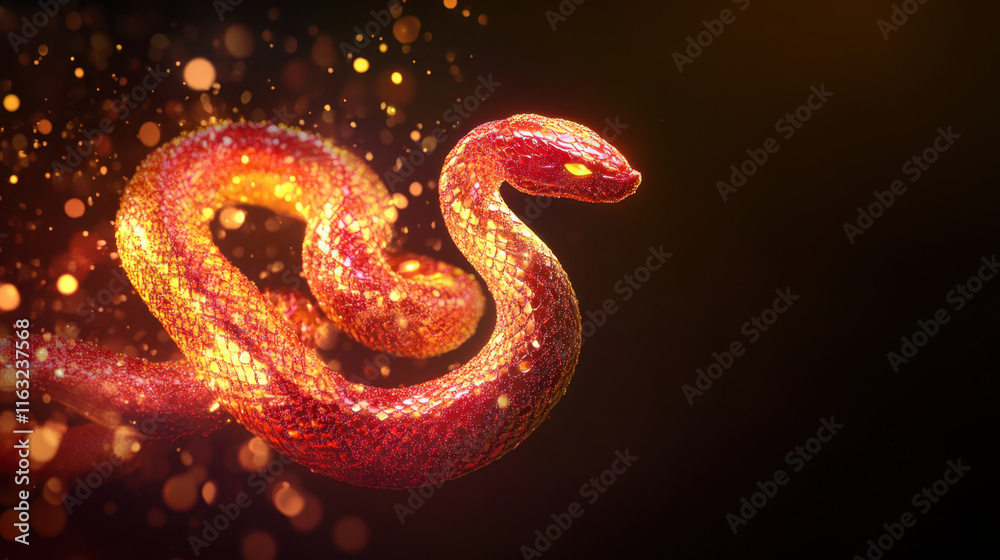 glowing red snake like form made of particles, radiating energy and light, creates mesmerizing visual effect. vibrant colors and dynamic movement evoke sense of wonder glowing red snake like form made of particles, radiating energy and light, creates mesmerizing visual effect. vibrant colors and dynamic movement evoke sense of wonder
