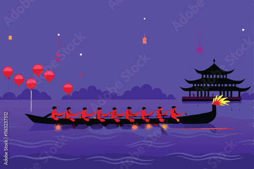 A vibrant dragon boat race unfolds on a lively river during a cultural festival; paddlers powerfully propel their boats.