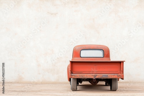 Rusty red vintage pickup truck stands facing away from viewer. Old truck rear tailgate, bed visible. Truck sits on dusty path near pale beige wall. Classic American transportation style. Peeling photo