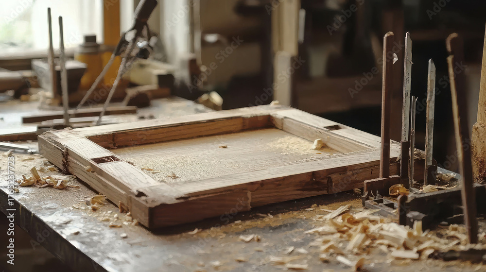 Handcrafted Wooden Frame Being Created in Artisan Workshop with Tools and Shavings Handcrafted Wooden Frame Being Created in Artisan Workshop with Tools and Shavings