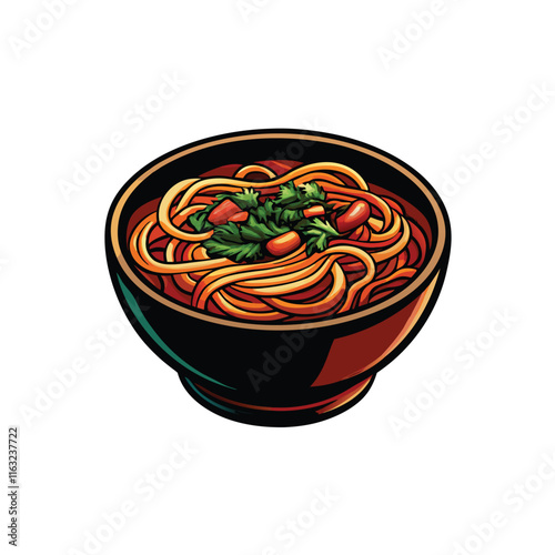 Create a vibrant vector illustration of a bowl overflowing with colorful, freshly made hand-pulled noodles, showcasing their texture and appealing to the appetite.